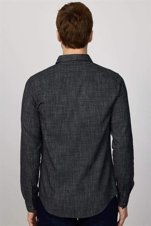 Erkek Slim Fit Dar Kesim Uzun Kollu %100 Pamuk Keten Doku Çift Cepli Çıtçıtlı Siyah Gömlek