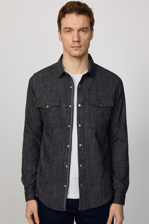 Erkek Slim Fit Dar Kesim Uzun Kollu %100 Pamuk Keten Doku Çift Cepli Çıtçıtlı Siyah Gömlek