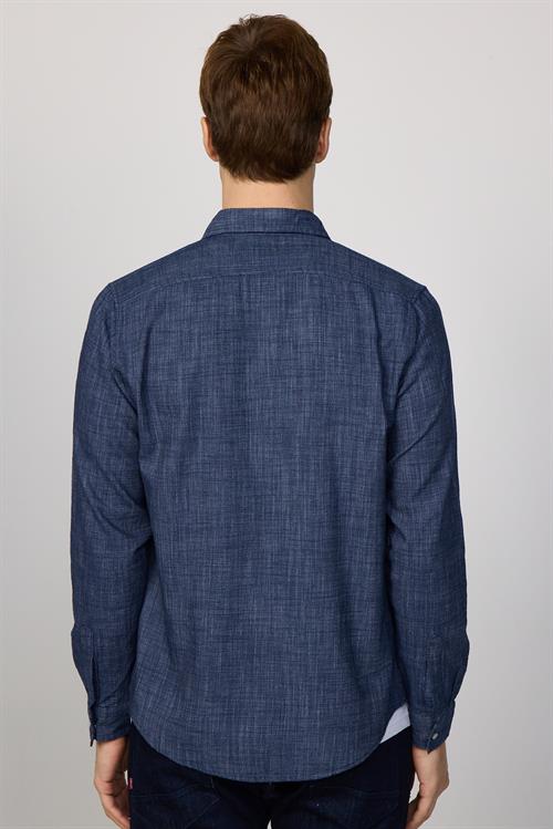 Erkek Slim Fit Dar Kesim Uzun Kollu %100 Pamuk Keten Doku Çift Cepli Çıtçıtlı Lacivert Gömlek