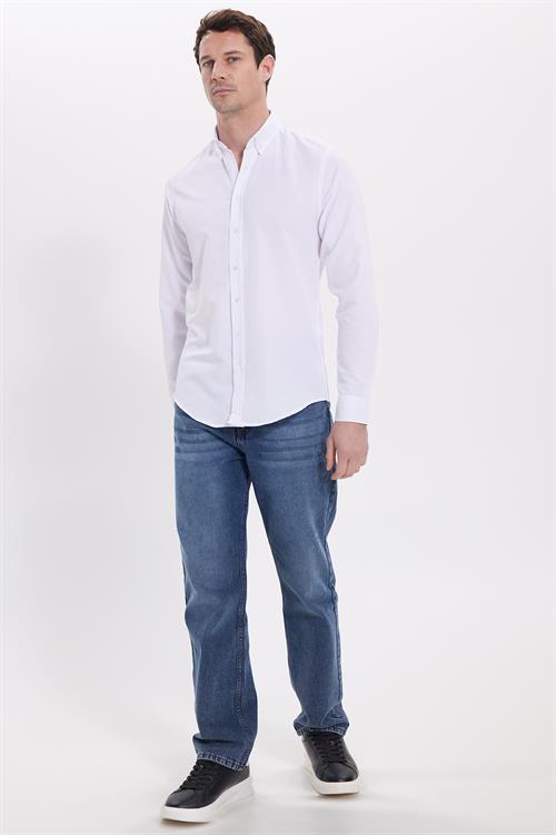 Erkek Slim Fit Dar Kesim Uzun Kollu Pamuklu Oxford Doku Kolay Ütü Beyaz Düğmeli Yaka Gömlek
