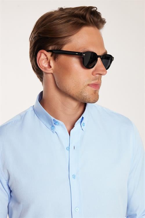 Erkek Slim Fit Dar Kesim Uzun Kollu Pamuklu Oxford Doku Kolay Ütü Mavi Düğmeli Yaka Gömlek