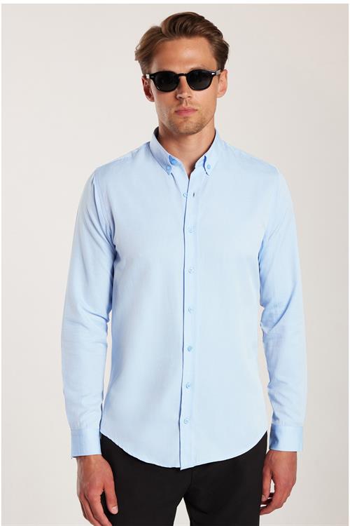Erkek Slim Fit Dar Kesim Uzun Kollu Pamuklu Oxford Doku Kolay Ütü Mavi Düğmeli Yaka Gömlek