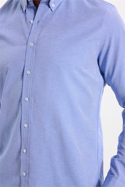 Erkek Slim Fit Dar Kesim Uzun Kollu Pamuklu Oxford Doku Kolay Ütülenebilir Mavi Düğmeli Yaka Gömlek