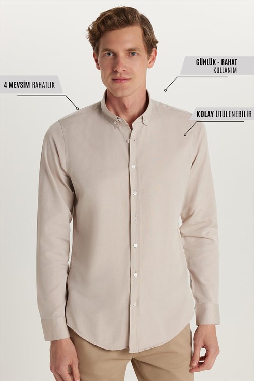 Erkek Slim Fit Dar Kesim Uzun Kollu Pamuklu Oxford Doku Kolay Ütü Taş Renk Düğmeli Yaka Gömlek