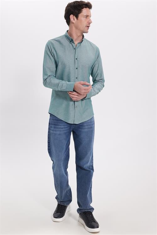 Erkek Slim Fit Dar Kesim Uzun Kollu Pamuklu Oxford Doku Kolay Ütü Yeşil Düğmeli Yaka Gömlek
