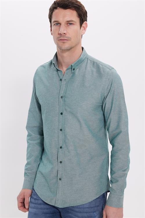 Erkek Slim Fit Dar Kesim Uzun Kollu Pamuklu Oxford Doku Kolay Ütü Yeşil Düğmeli Yaka Gömlek