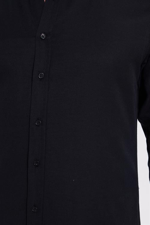 Erkek Slim Fit Dar Kesim Uzun Kollu Pamuklu Oxford Doku Kolay Ütü Siyah Düğmeli Yaka Gömlek
