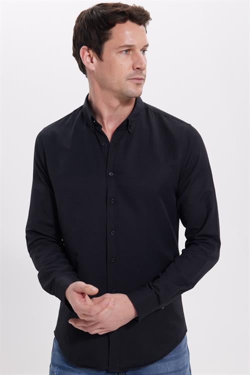 Erkek Slim Fit Dar Kesim Uzun Kollu Pamuklu Oxford Doku Kolay Ütü Siyah Düğmeli Yaka Gömlek