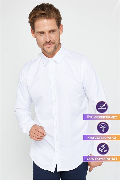 Slim Fit Beyaz Non-Iron %100 Pamuk Doğa Dostu Ekoteks Belgeli  Gömlek