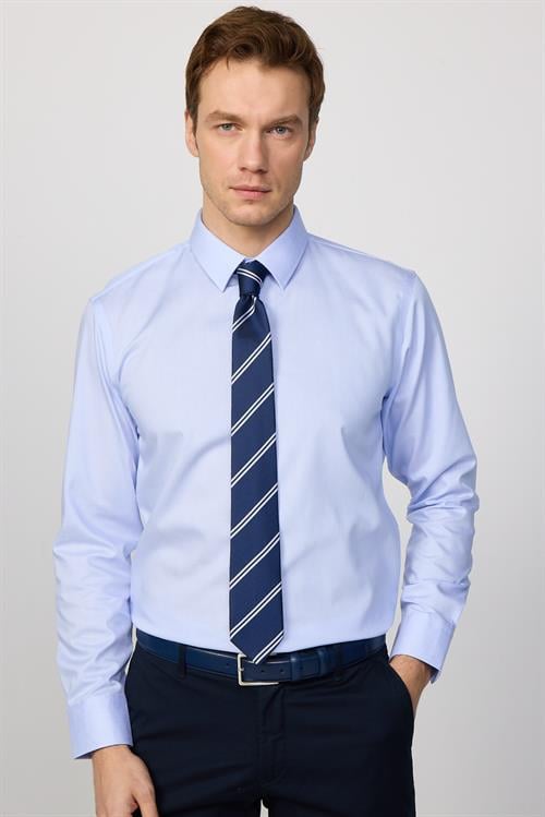 Slim Fit Mavi Non-Iron %100 Pamuk Doğa Dostu Ekoteks Belgeli Ütü Gerektirmez Gömlek