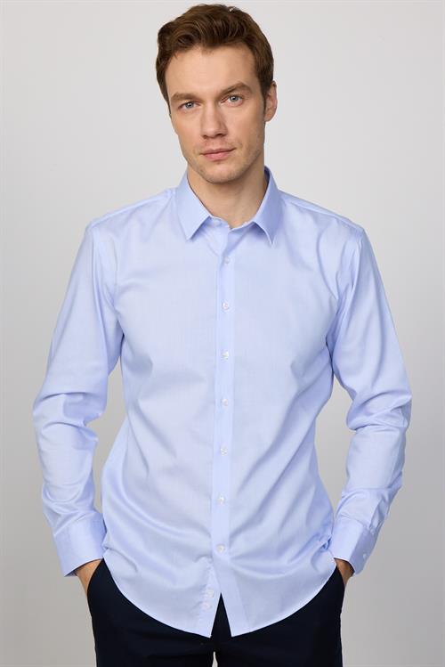 Slim Fit Mavi Non-Iron %100 Pamuk Doğa Dostu Ekoteks Belgeli Ütü Gerektirmez Gömlek