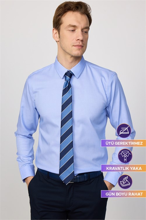 Slim Fit Mavi Non-Iron %100 Pamuk Doğa Dostu Ekoteks Belgeli  Gömlek