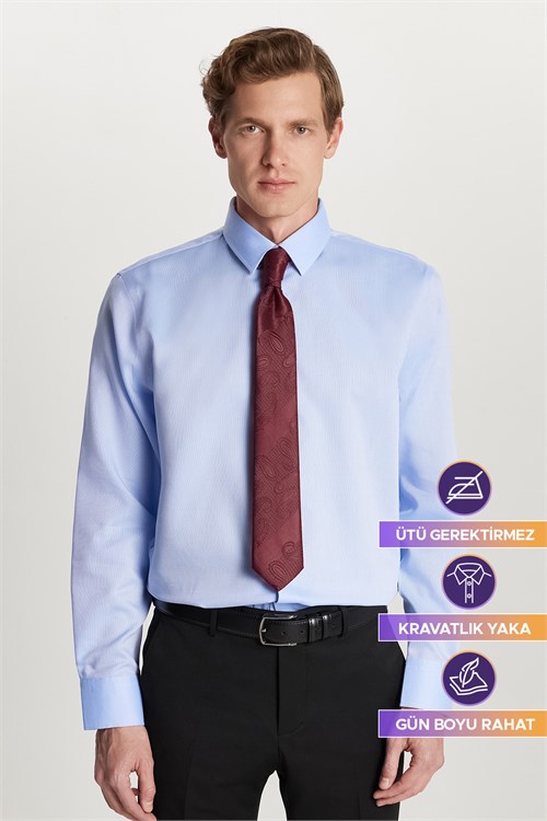Slim Fit Mavi Non-Iron %100 Pamuk Doğa Dostu Ekoteks Belgeli  Gömlek