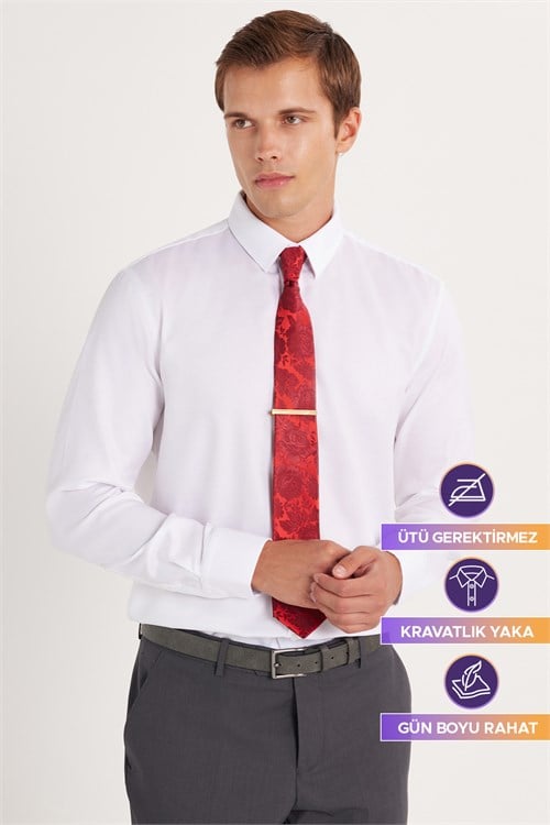Slim Fit Beyaz Non-Iron %100 Pamuk Doğa Dostu Ekoteks Belgeli  Gömlek