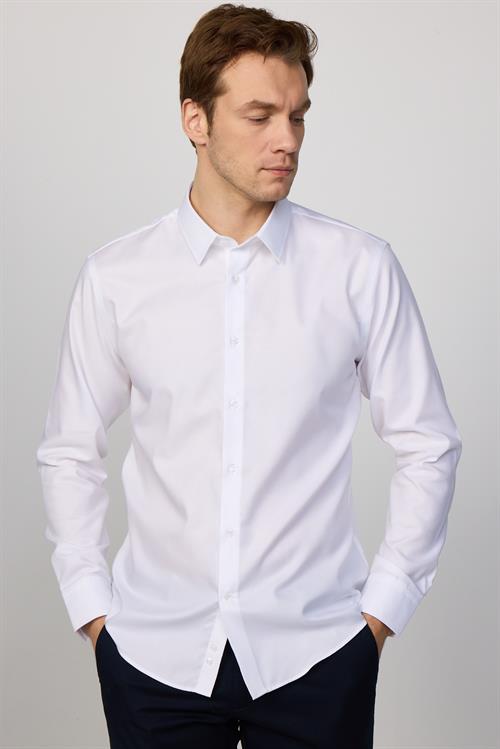 Slim Fit Beyaz Non-Iron %100 Pamuk Doğa Dostu Ekoteks Belgeli Ütü Gerektirmez Gömlek