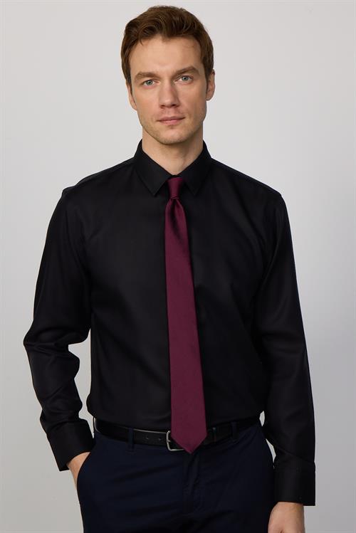 Slim Fit Siyah Non-Iron %100 Pamuk Doğa Dostu Ekoteks Belgeli Ütü Gerektirmez Gömlek