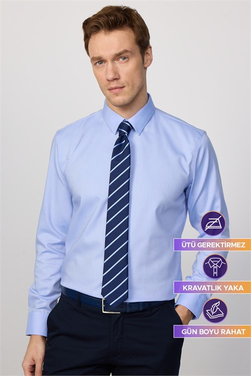 Slim Fit Mavi Non-Iron %100 Pamuk Doğa Dostu Ekoteks Belgeli  Gömlek