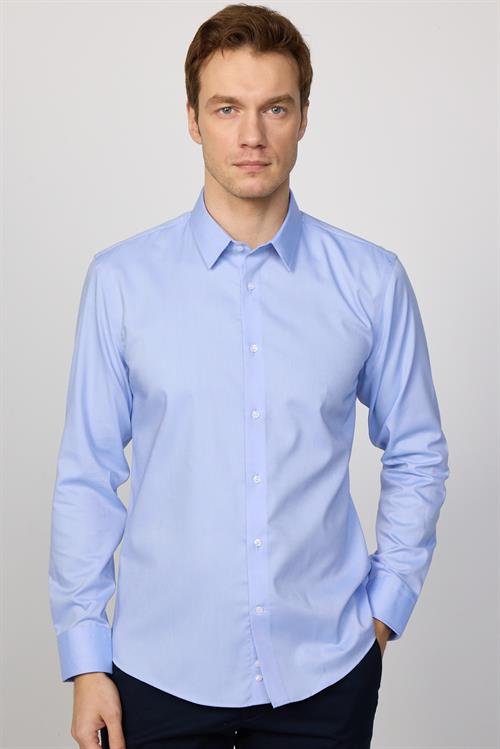 Slim Fit Mavi Non-Iron %100 Pamuk Doğa Dostu Ekoteks Belgeli Ütü Gerektirmez Gömlek