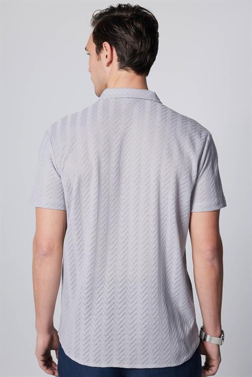 Erkek Slim Fit Dar Kesim Kısa Kollu Nefes Alan Örme Doku Armür Desenli Gri Gömlek