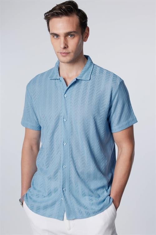 Erkek Slim Fit Dar Kesim Kısa Kollu Nefes Alan Örme Doku Armür Desenli Mavi Gömlek