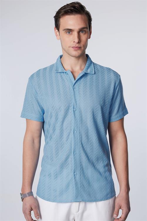 Erkek Slim Fit Dar Kesim Kısa Kollu Nefes Alan Örme Doku Armür Desenli Mavi Gömlek