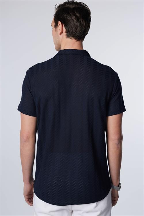 Erkek Slim Fit Dar Kesim Kısa Kollu Nefes Alan Örme Doku Armür Desenli Lacivert Gömlek
