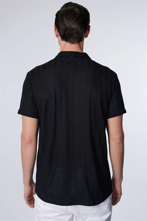 Erkek Slim Fit Dar Kesim Kısa Kollu Nefes Alan Örme Doku Armür Desenli Siyah Gömlek