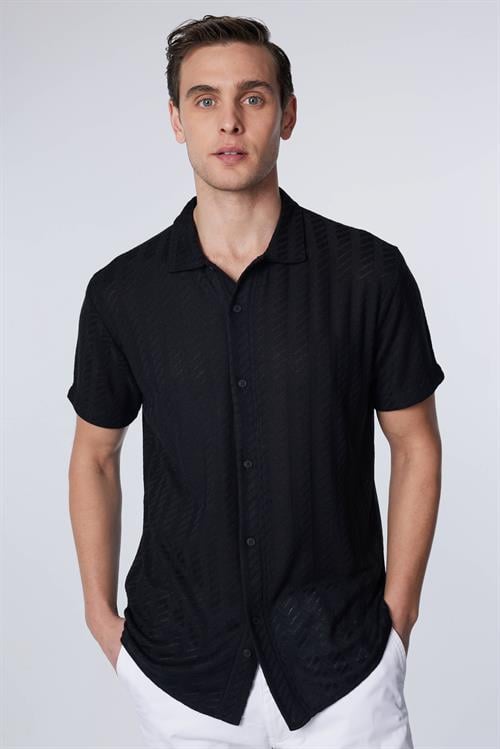 Erkek Slim Fit Dar Kesim Kısa Kollu Nefes Alan Örme Doku Armür Desenli Siyah Gömlek