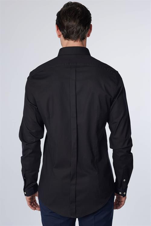 Erkek Slim Fit Dar Kesim Uzun Kollu Pamuklu Gizli Pat Siyah Gömlek
