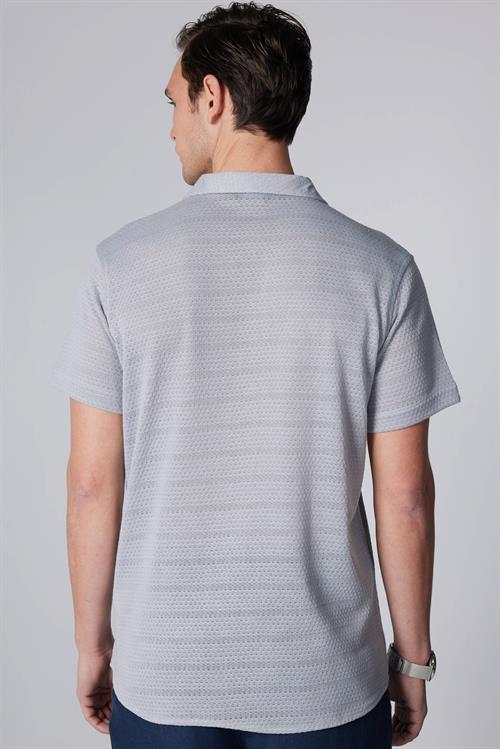 Erkek Slim Fit Dar Kesim Kısa Kollu Örme Kumaş Gri Apaş Yaka Gömlek