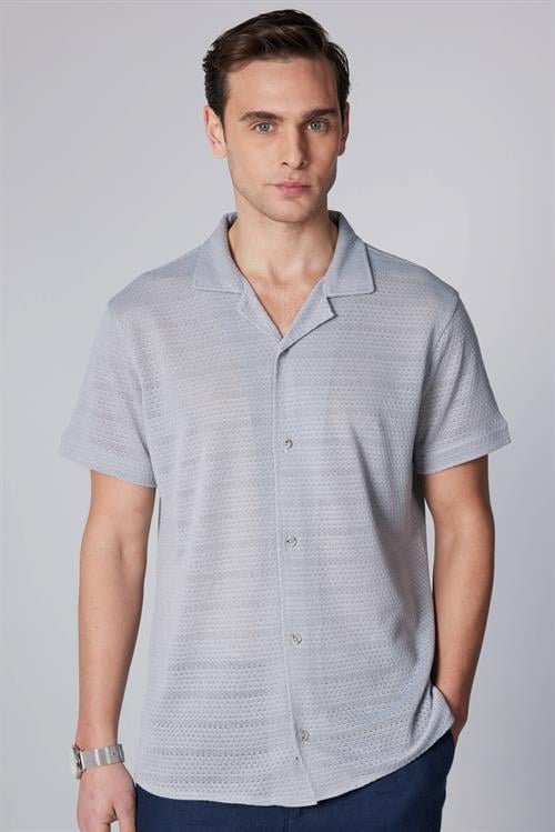 Erkek Slim Fit Dar Kesim Kısa Kollu Örme Kumaş Gri Apaş Yaka Gömlek