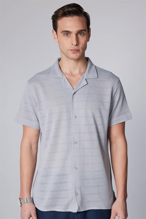 Erkek Slim Fit Dar Kesim Kısa Kollu Örme Kumaş Gri Apaş Yaka Gömlek