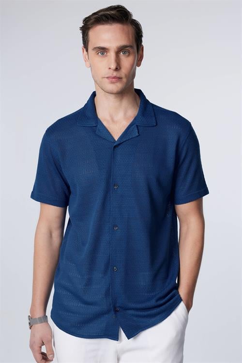 Erkek Slim Fit Dar Kesim Kısa Kollu Örme Kumaş Indigo Apaş Yaka Gömlek