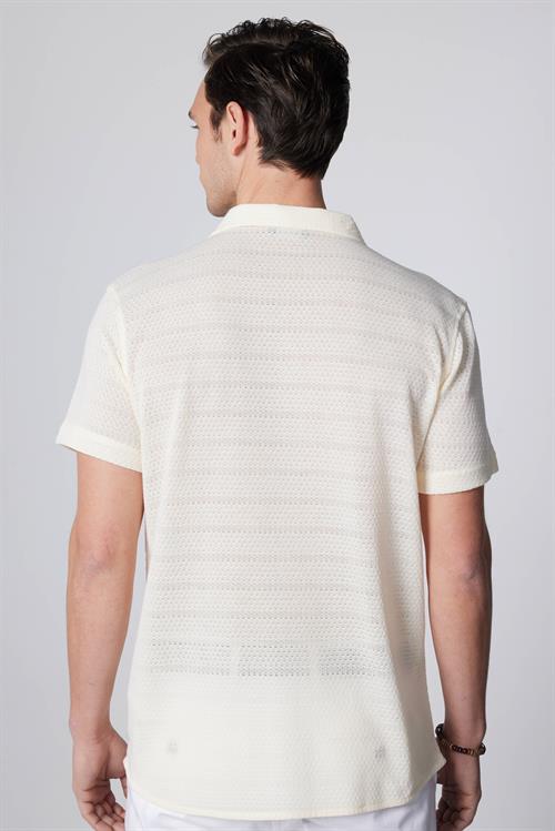 Erkek Slim Fit Dar Kesim Kısa Kollu Örme Kumaş Beyaz Apaş Yaka Gömlek