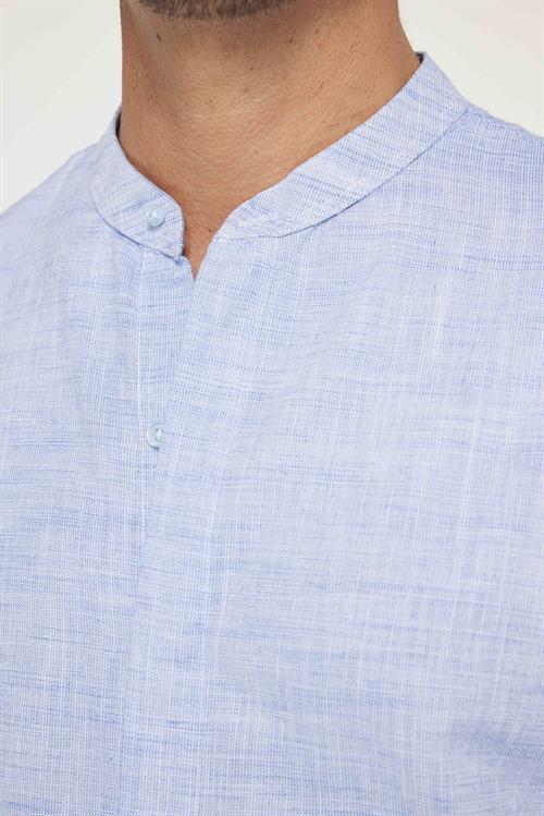 Erkek Slim Fit Dar Kesim Uzun Kollu %100 Pamuk Keten Doku Armürlü Lacivert Hakim Yaka Gömlek