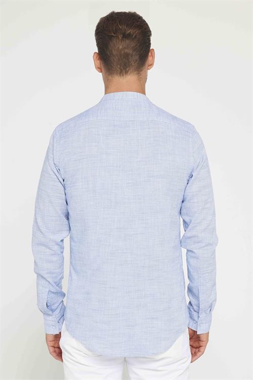 Erkek Slim Fit Dar Kesim Uzun Kollu %100 Pamuk Keten Doku Armürlü Lacivert Hakim Yaka Gömlek