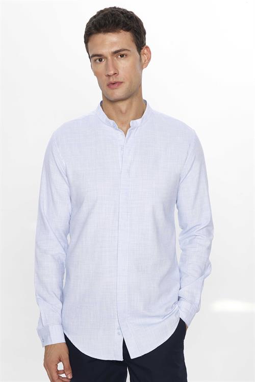 Erkek Slim Fit Dar Kesim Uzun Kollu %100 Pamuk Keten Doku Armürlü Mavi Hakim Yaka Gömlek