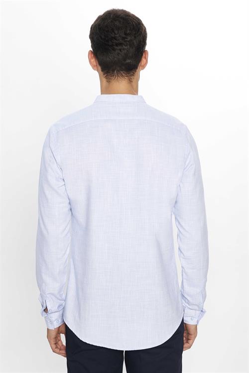 Erkek Slim Fit Dar Kesim Uzun Kollu %100 Pamuk Keten Doku Armürlü Mavi Hakim Yaka Gömlek
