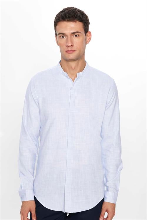 Erkek Slim Fit Dar Kesim Uzun Kollu %100 Pamuk Keten Doku Armürlü Mavi Hakim Yaka Gömlek