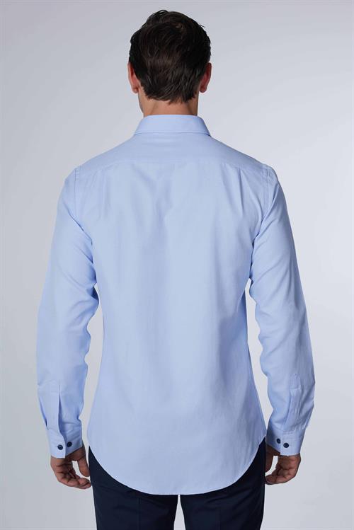 Erkek Slim Fit Dar Kesim Uzun Kollu Pamuklu Armürlü Tek Cepli Mavi Gömlek