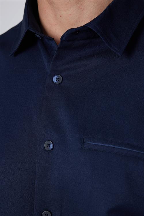 Erkek Slim Fit Dar Kesim Uzun Kollu Pamuklu Armürlü Tek Cepli Lacivert Gömlek