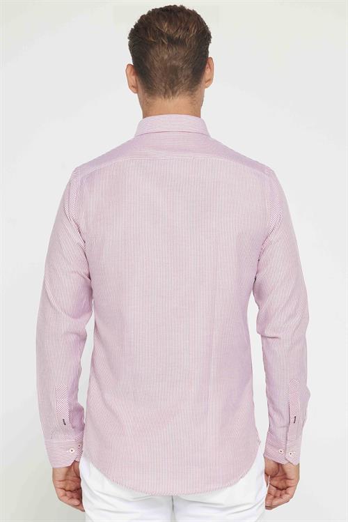 Erkek Slim Fit Dar Kesim Uzun Kollu Pamuklu Çizgili Tek Cepli Düğmeli Yaka Gömlek