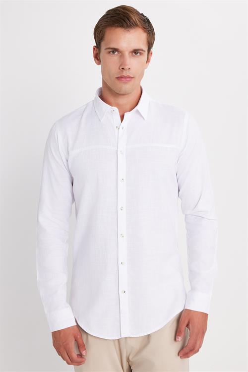 Erkek Slim Fit Dar Kesim Uzun Kollu %100 Pamuk Keten Doku Beyaz Gömlek