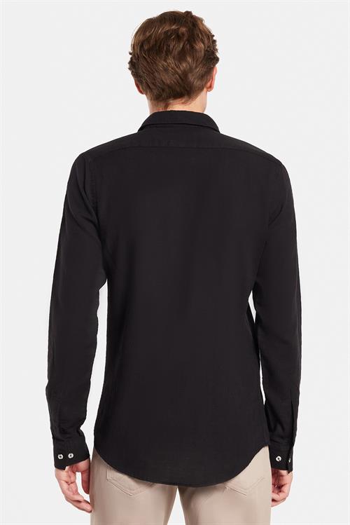 Erkek Slim Fit Dar Kesim Uzun Kollu %100 Pamuk Keten Doku Siyah Gömlek