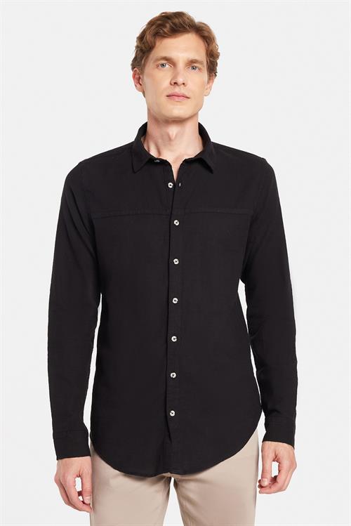 Erkek Slim Fit Dar Kesim Uzun Kollu %100 Pamuk Keten Doku Siyah Gömlek
