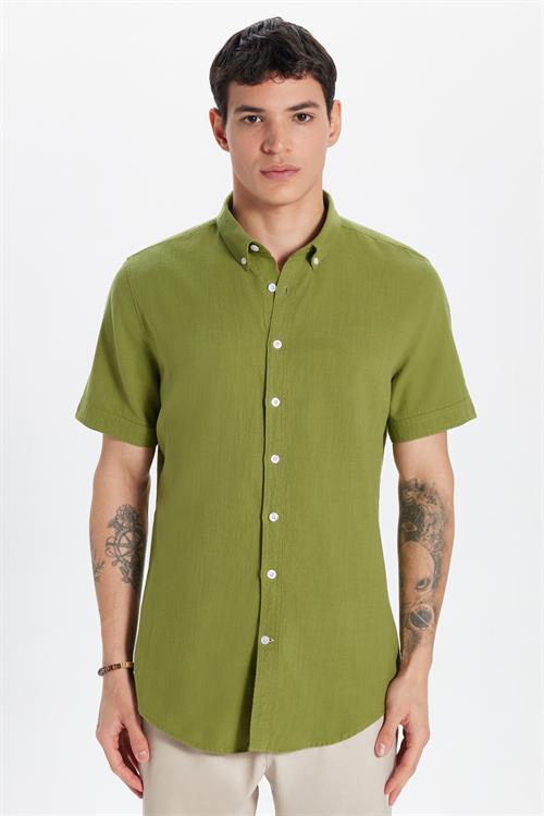 Erkek Slim Fit Dar Kesim Kısa Kollu %100 Pamuk Keten Doku Haki Düğmeli Yaka Gömlek
