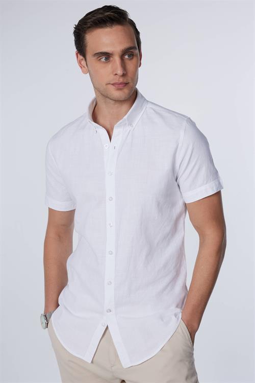 Erkek Slim Fit Dar Kesim Kısa Kollu %100 Pamuk Keten Doku Beyaz Düğmeli Yaka Gömlek
