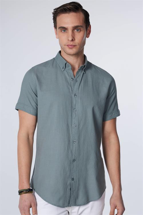 Erkek Slim Fit Dar Kesim Kısa Kollu %100 Pamuk Keten Doku Gri Düğmeli Yaka Gömlek