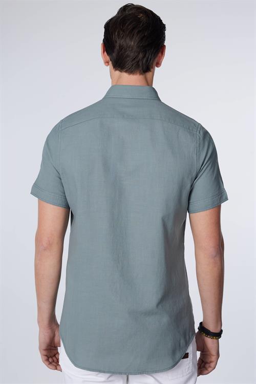 Erkek Slim Fit Dar Kesim Kısa Kollu %100 Pamuk Keten Doku Gri Düğmeli Yaka Gömlek