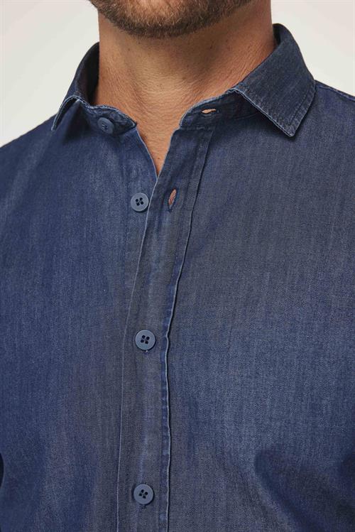 Erkek Slim Fit Dar Kesim Uzun Kollu %100 Pamuk Denim Kot Lacivert Gömlek